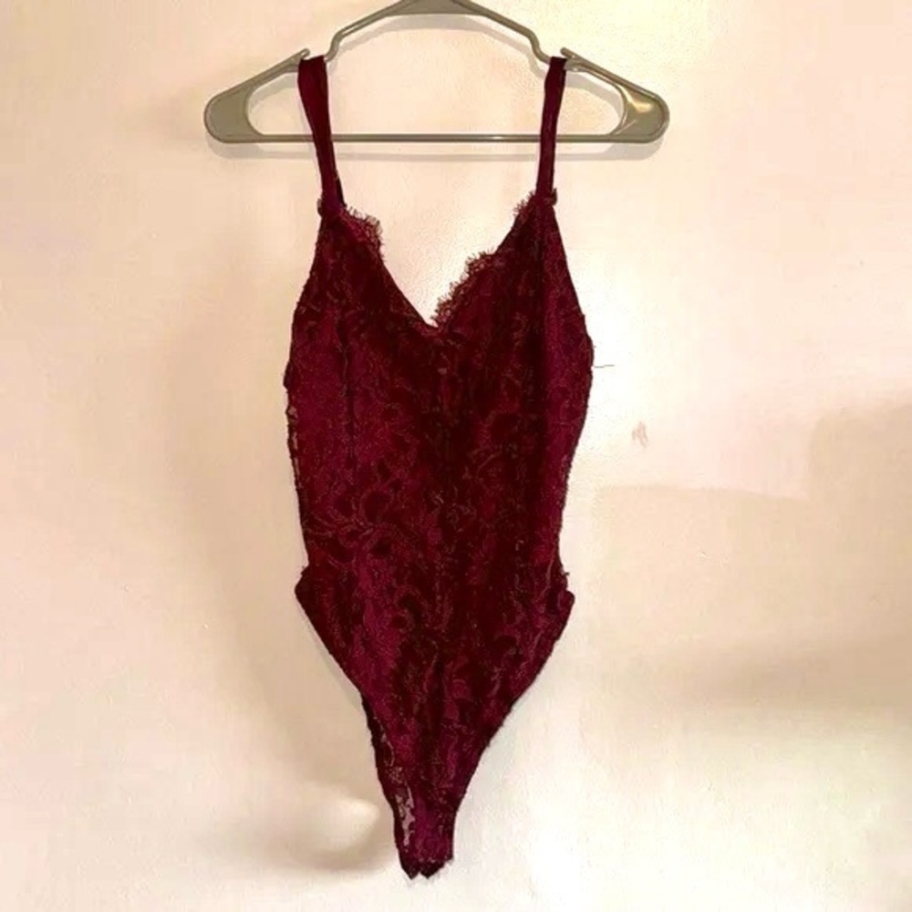 Burgundy Lace Bodysuit with sheer back and embroidered front